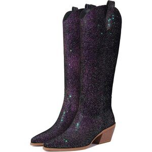 Women Sparkly Cowgirl Boot Chunky Heel Pointed Toe Knee High Western Boot Purple